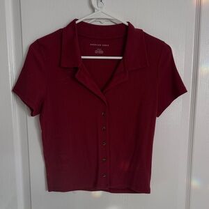 American Eagle Outfitters Women’s Short Sleeve Button-Front Polo Top - Burgundy
